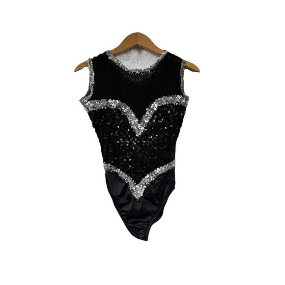 Vintage Black Silver Sequin Lace Leotard Showgirl Dance Costume Adult Large - Picture 1 of 7